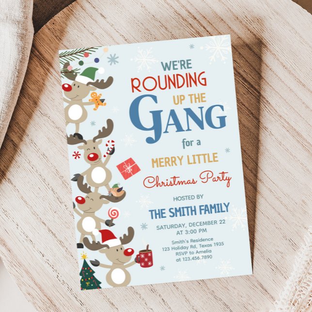 Fun Reindeer Christmas Party Invitation (We're Rounding Up the Gang Reindeer Christmas Party Invitation)