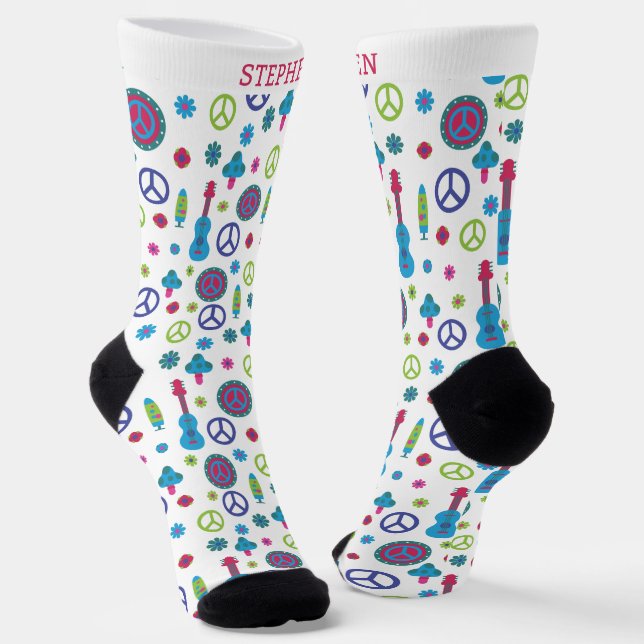 Fun Retro 70's Peace Love & Music Colorful Custom Socks (Angled)