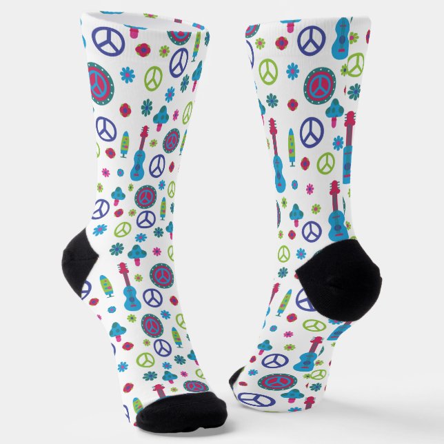 Fun Retro 70's Peace Love & Music Colorful Socks (Angled)