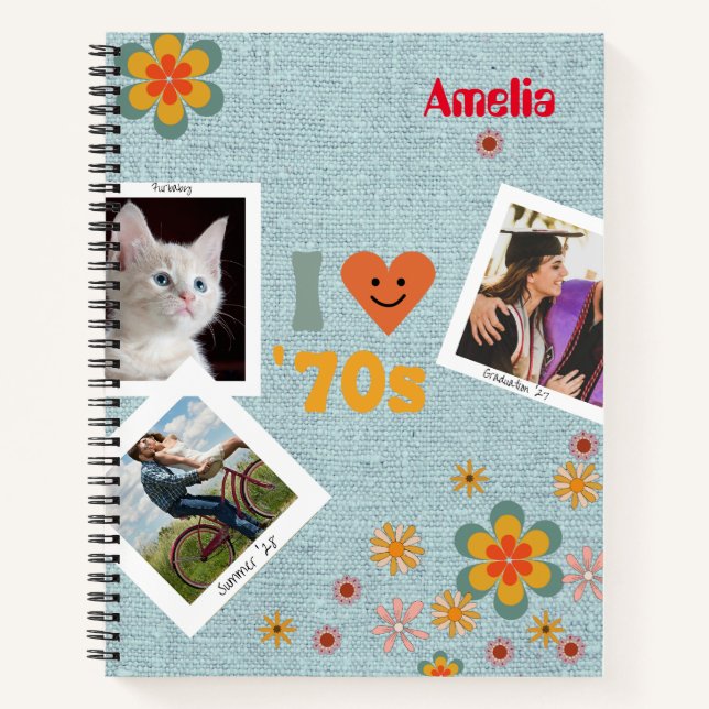 Fun retro 70's Personalised Faux Denim Notebook (Front)