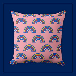 Fun Retro 80s Primary Color Rainbows on Cute Pink  Cushion