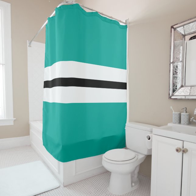 Fun Retro Aqua Black White Centre Racing Stripes Shower Curtain (In Situ)