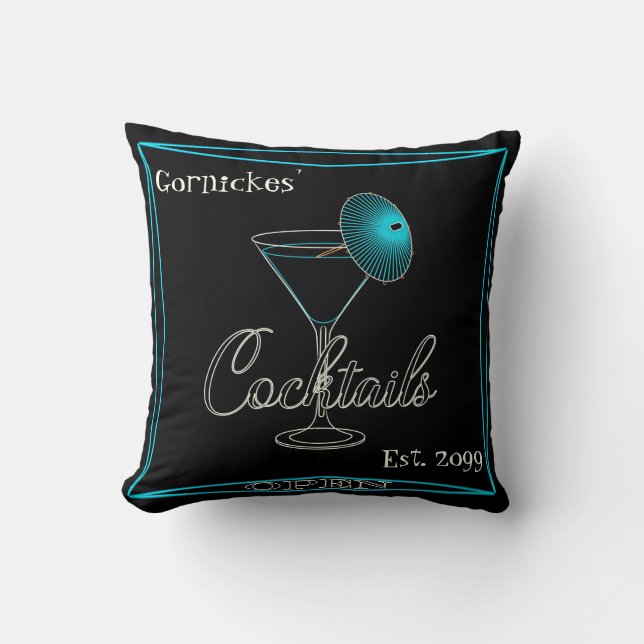 Fun Retro Aqua Cocktail Bar Pub Cushion (Front)