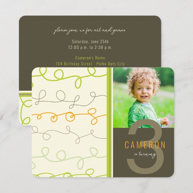 Fun Retro Art Scribbles Lines Kids Birthday Photo Invitation (Front/Back)