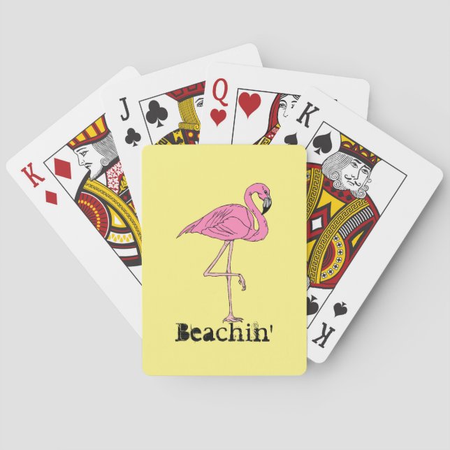 Fun Retro Beach Sunny Beachin' pink flamingo Playing Cards (Back)