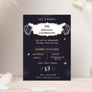 Fun Retro Black and Gold Men Invitation