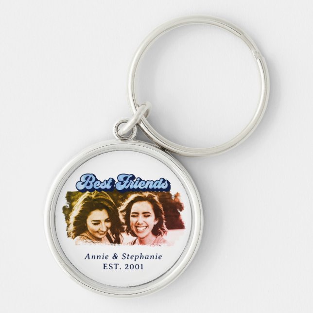 Fun Retro Blue Best Friends Photo Keychain (Front)