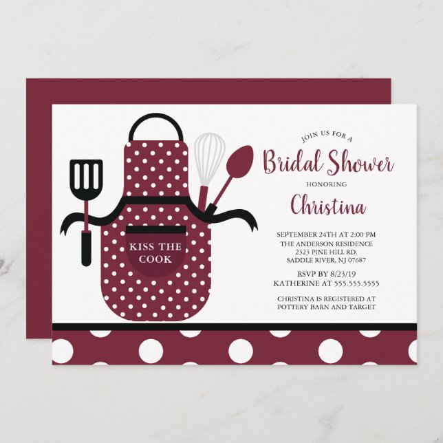 Fun Retro Burgundy Kitchen Bridal Shower Invitation (Front/Back)