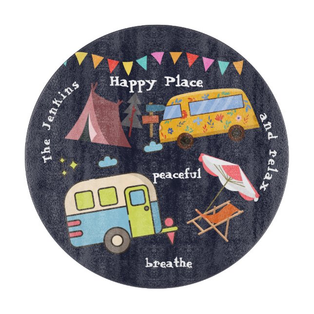 Fun retro camping cutting board. Editable wording Board (Front)