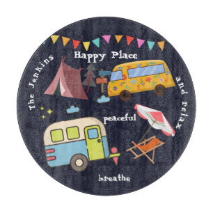 Fun retro camping cutting board. Editable wording Cutting Board