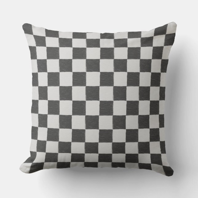 Fun Retro Checkerboard Pattern Black and White Cushion (Front)
