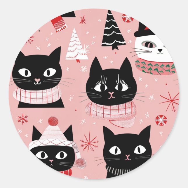 Fun Retro Christmas Cats on Pink Classic Round Sticker (Front)