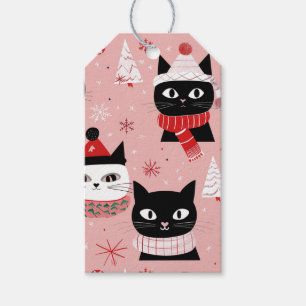 Fun Retro Christmas Cats on Pink Gift Tags