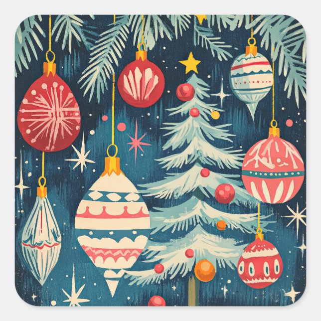 Fun Retro Christmas Trees Ornaments Square Sticker (Front)