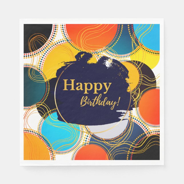 Fun Retro Colourful Abstract Happy Birthday Party Napkin (Front)