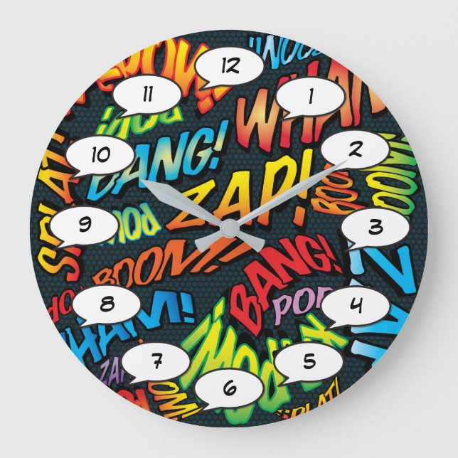 Fun Retro Comic Book Pop Art Sounds Large Clock (Front)