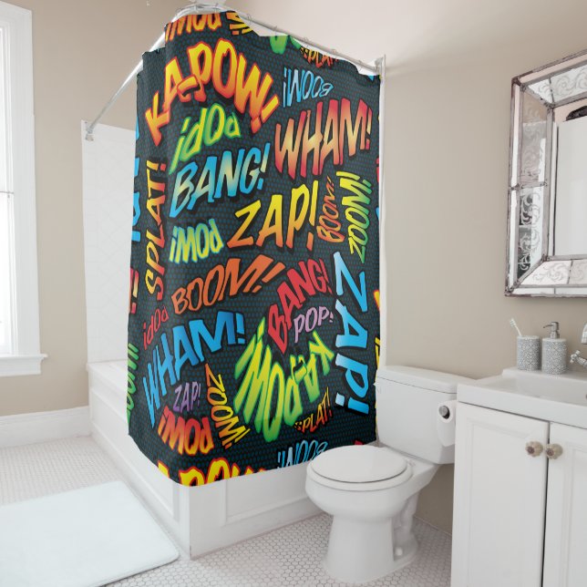 Fun Retro Comic Book Pop Art Sounds Shower Curtain (In Situ)
