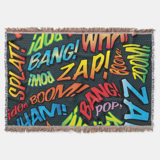 Fun Retro Comic Book Pop Art Sounds Throw Blanket (Front)