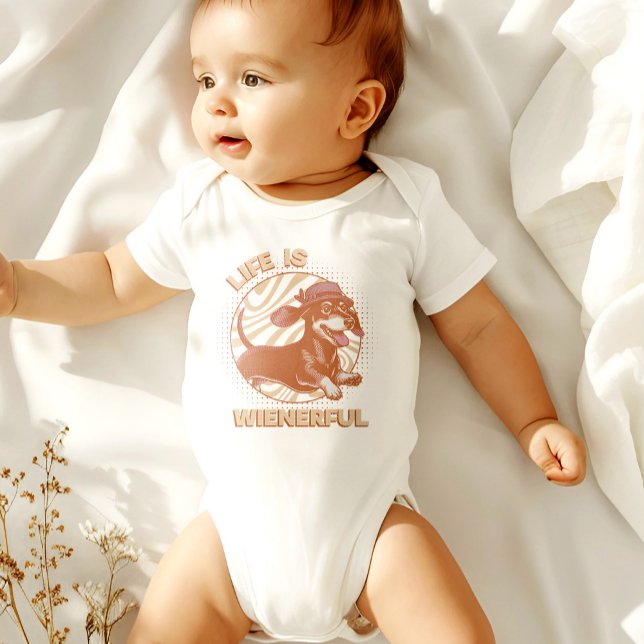Fun Retro Dachshund Weiner Dog 'Life is Wienerful' Baby Bodysuit (This fun and quirky design features an adorable dachshund, complete with a cute fedora hat!)