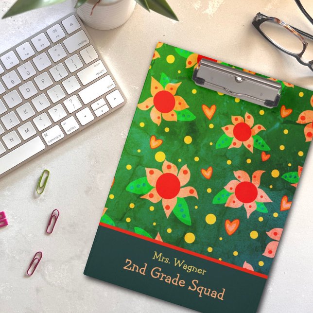 Fun Retro Flowers Green Personalised Teacher  Clipboard (Creator Uploaded)