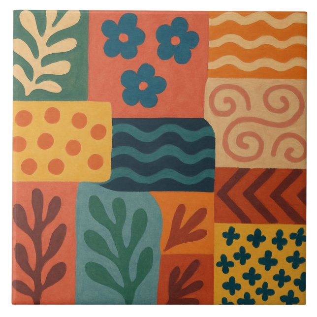 Fun Retro Garden Collage Pattern Motif Ceramic Tile (Front)