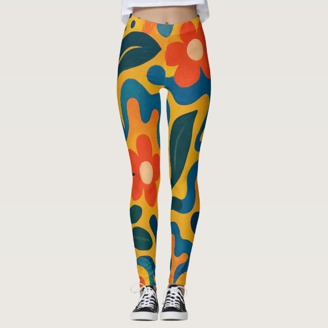 Fun Retro Garden Collage Pattern Motif Leggings (Front)