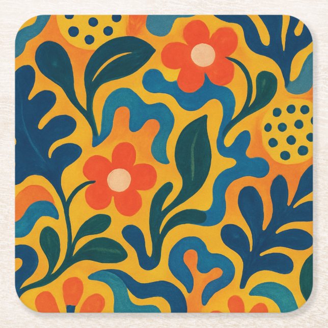 Fun Retro Garden Collage Pattern Motif Square Paper Coaster (Front)