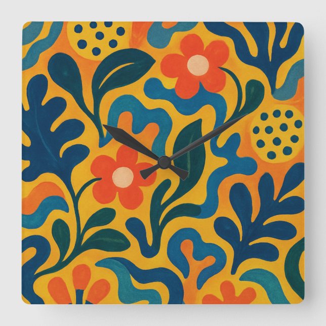 Fun Retro Garden Collage Pattern Motif Square Wall Clock (Front)