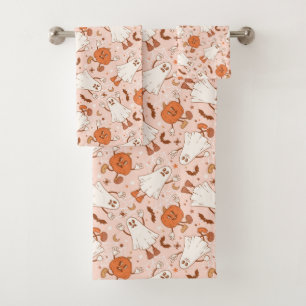 Fun Retro Ghost & Jack-O-Lantern Pattern Bath Towel Set