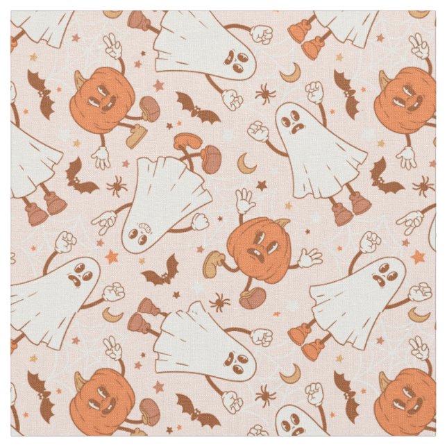 Fun Retro Ghost & Jack-O-Lantern Pattern Fabric (Close Up)