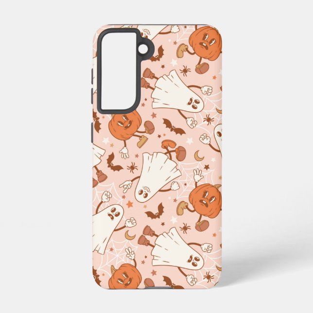 Fun Retro Ghost & Jack-O-Lantern Pattern Samsung Galaxy S21 Case (Back)