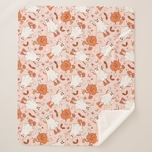 Fun Retro Ghost & Jack-O-Lantern Pattern Sherpa Blanket (Front)