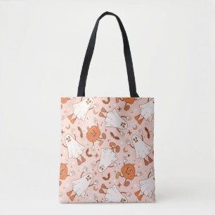 Fun Retro Ghost & Jack-O-Lantern Pattern Tote Bag