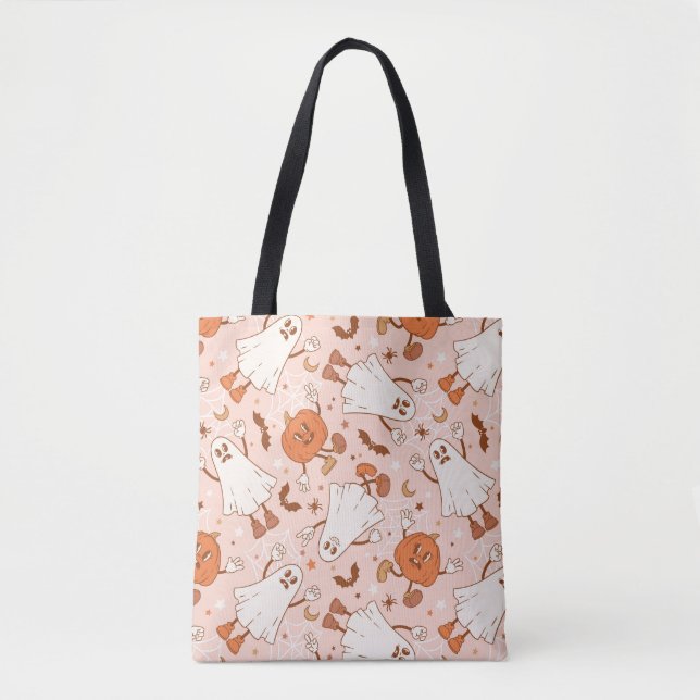 Fun Retro Ghost & Jack-O-Lantern Pattern Tote Bag (Front)