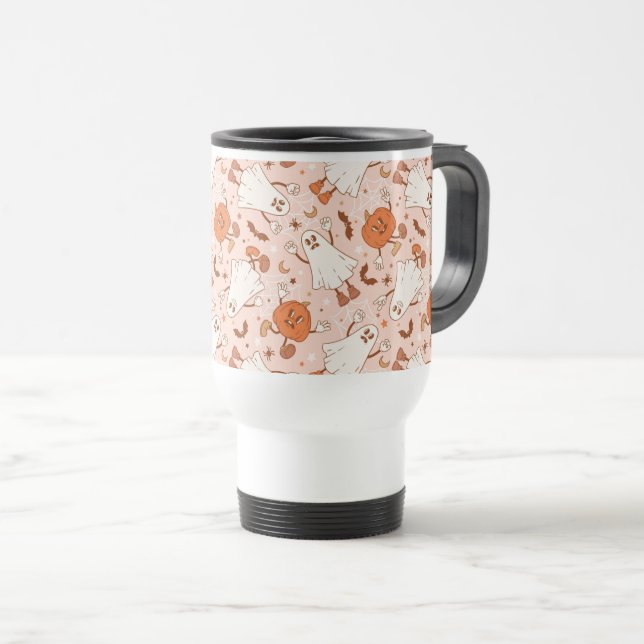 Fun Retro Ghost & Jack-O-Lantern Pattern Travel Mug (Front Right)
