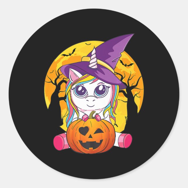 Fun Retro Halloween Gifts Cute Witchy Unicorn Girl Classic Round Sticker (Front)
