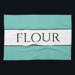 Fun Retro Light Teal Black White FLOUR Stripes Tea Towel<br><div class="desc">This fun colourful kitchen table design features FLOUR text inside a wide white centre stripe highlighted with black pinstripes against light teal aqua outer stripes. The text can be personalised.</div>