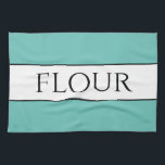 Fun Retro Light Teal Black White FLOUR Stripes Tea Towel<br><div class="desc">This fun colourful kitchen table design features FLOUR text inside a wide white centre stripe highlighted with black pinstripes against light teal aqua outer stripes. The text can be personalised.</div>