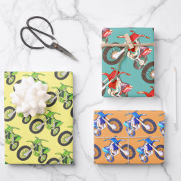 Fun Retro Motorcycle Green, Red, Blue Dirt Bikes Wrapping Paper Sheet
