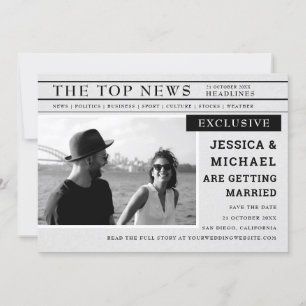Fun Retro Newspaper Page News Black White Photo Save The Date