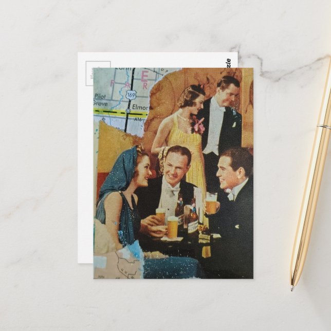 Fun Retro Party Mixed Media Collage Postcard (Front/Back In Situ)