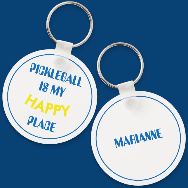 Fun Retro Pickleball Is My Happy Place Key Ring (Blue Pickleball Keyring)