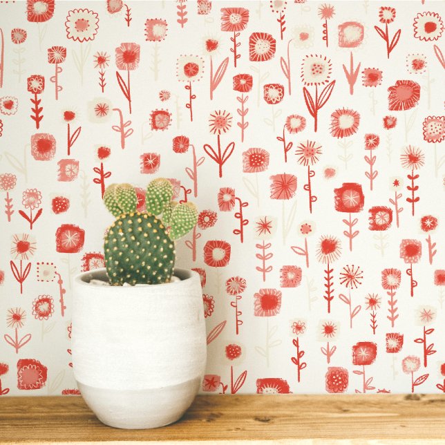 Fun Retro Pink and White Floral Pattern Wallpaper (Retro groovy floral pink and white wildflower pattern peel and stick wallpaper)