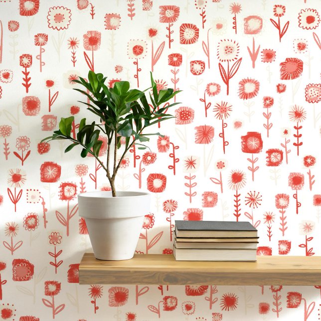 Fun Retro Pink and White Floral Pattern Wallpaper (Retro groovy floral pink and white wildflower pattern peel and stick wallpaper)
