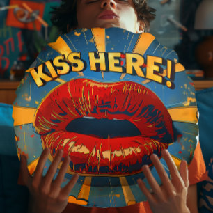 Fun Retro Pop Art 'Kiss Here!' Round Cushion