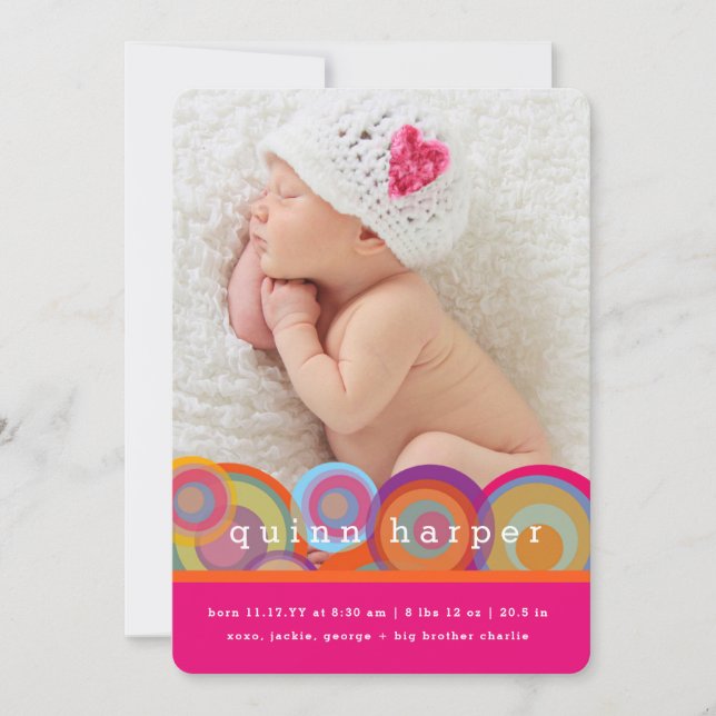 Fun Retro Rainbow Circles Baby Girl Photo Birth Holiday Card (Front)