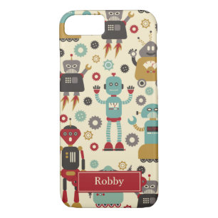 Fun Retro Robots Illustrated Pattern (Cream) iPhone 8/7 Case