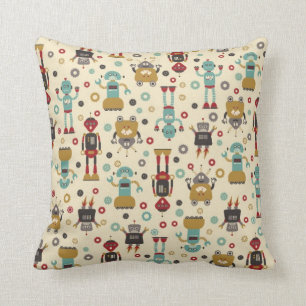 Fun Retro Robots Illustrated Pattern (Cream) Cushion