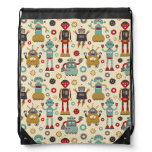 Fun Retro Robots Illustrated Pattern (Cream)