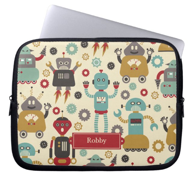 Fun Retro Robots Illustrated Pattern (Cream) Laptop Sleeve (Front)